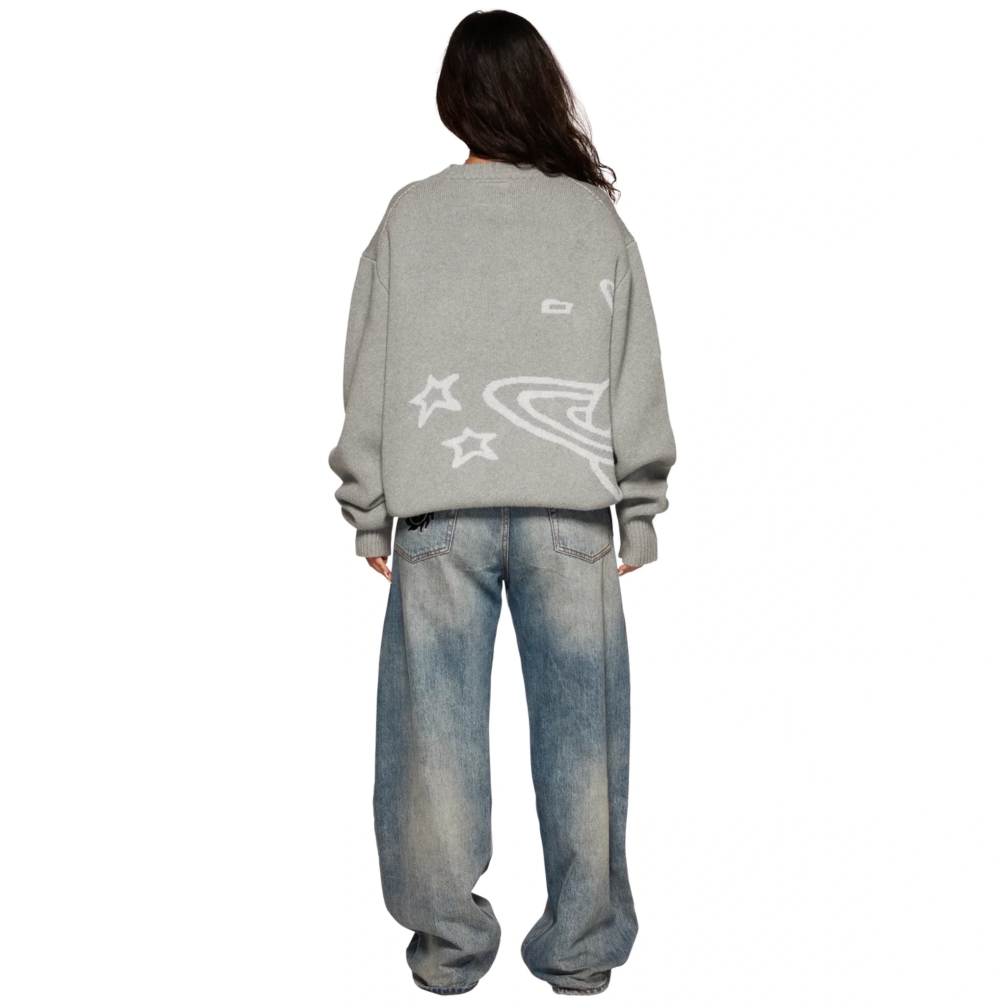 Model back view of Broken Planet Heather Grey Planet Knit Sweatshirt BP-KT-SW-H_GRAY